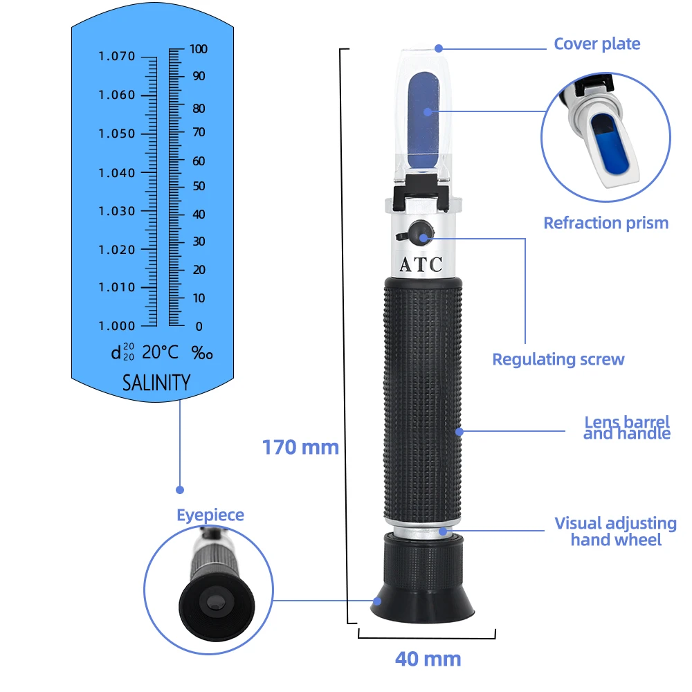 0-10% Salinometer Salty Refractometer Salinity Salt Concentration 1.000-1.070SG Salty Analyzer ATC For Aquarium Seawater Food