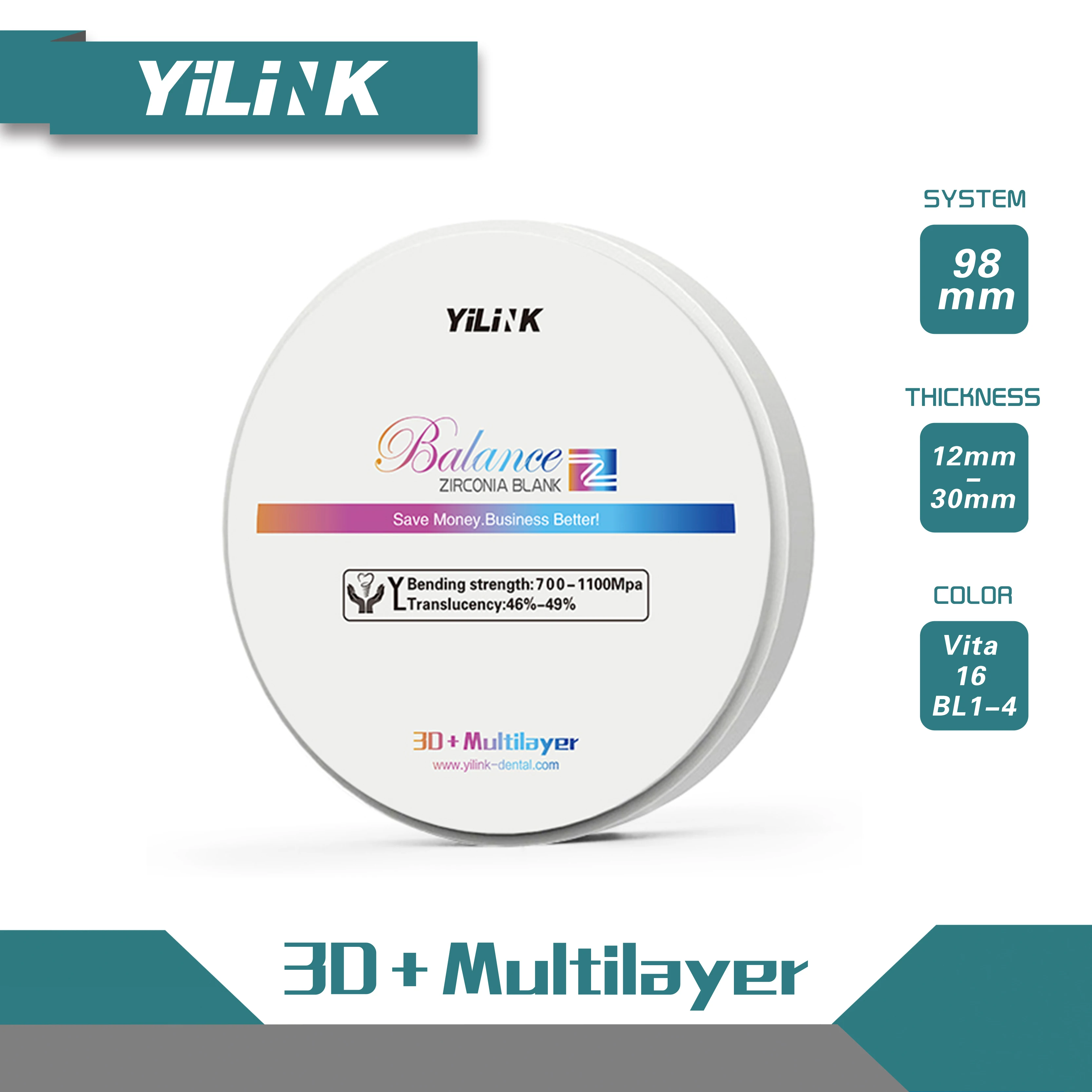 Yilink 3D Pro Zirconia Multilayer Block Open System Thickness 14 MM Vita 16 Colors Bleach White for Dental Lab Cad Cam