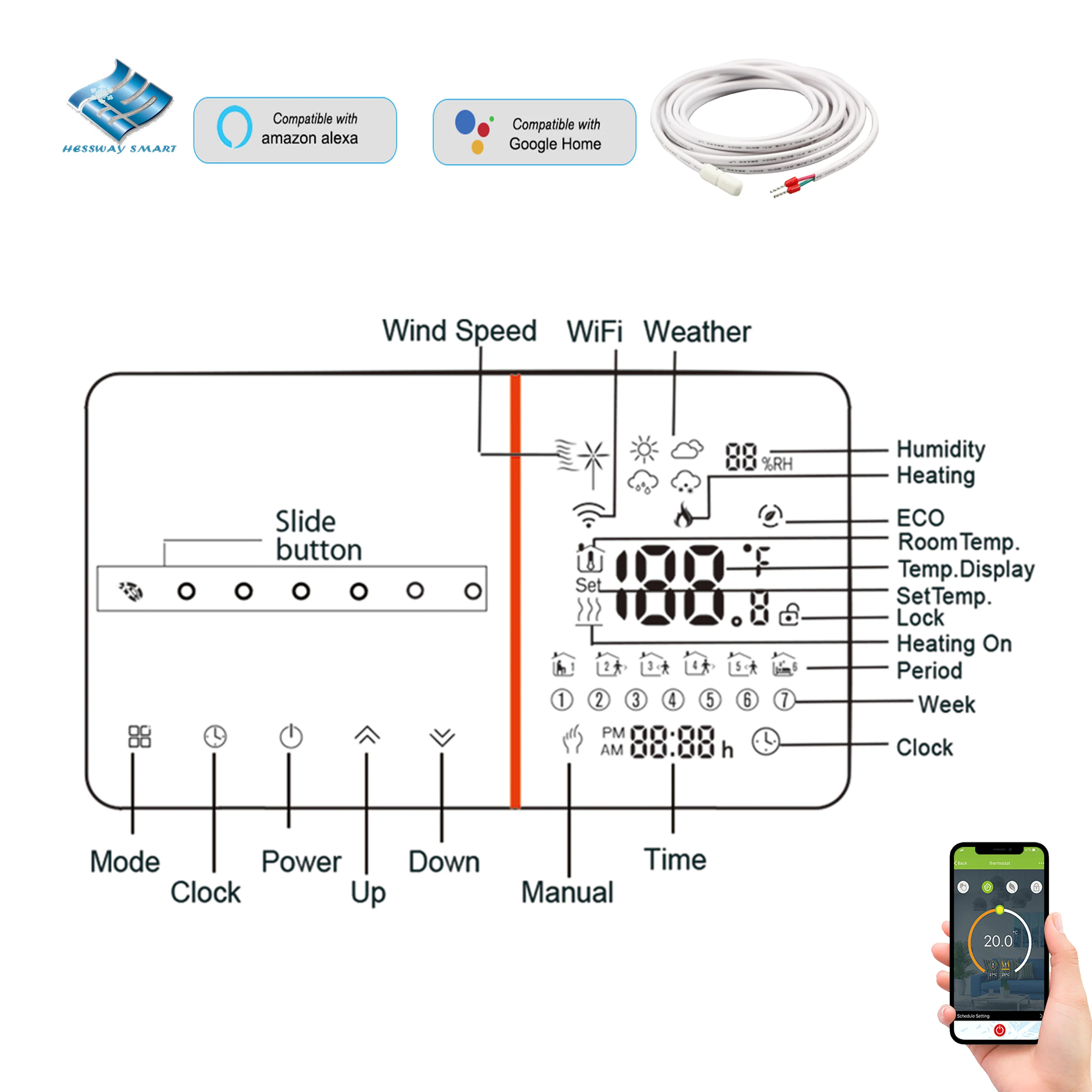 

EU 118 Type Dual Sensor Electric Underfloor Heating Thermostat Smart WIFI for Optional Gas Boiler Dry Contact NC/NO Connection