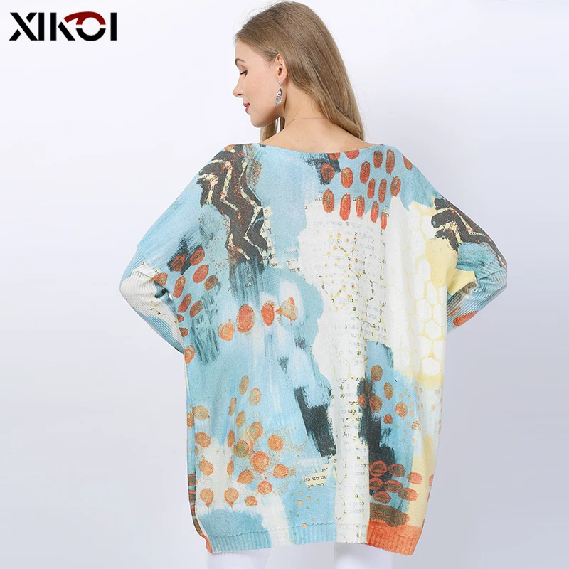 XIKOI Winter Oversized Sweaters For Women Long Wool Pullovers Loose Sky Blue Knitted Patchwork Jumper Printed O-neck Pull Femme