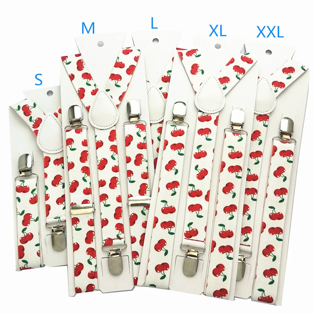 Fashion Red Cherry Print Kids Adult Adjustable Suspenders 2.5cm Wide Elastic Strap Y-Back Braces 5 Sizes for Whole Family Party