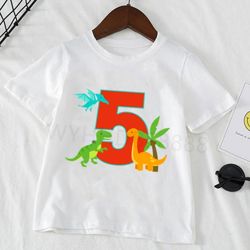24M-8T Kids Dinosaur Cartoon Birthday Number White T Shirt Boys and Girls Summer Dino Top Birthday Gift