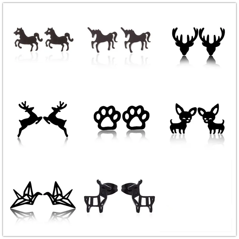 Christmas Earrings Black Earring Punk Style Jewelry Cute Animal Reindeer Dog Claw Thousand Paper Crane Horse Stud Earrings