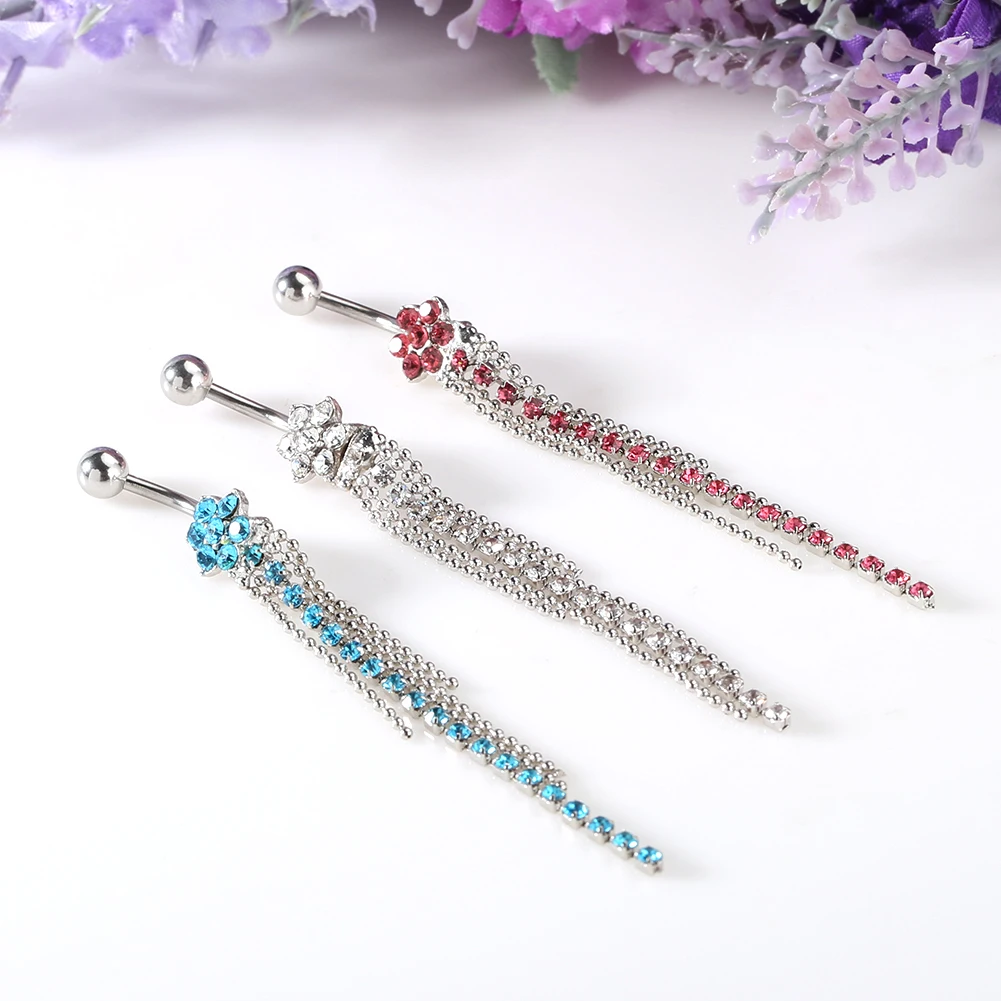 1Pcs Women Rhinestone Flower Beaded Tassels Dangle Body Piercing Navel Belly Ring Rhinestone  Belly Ring Barbell Piercing Belly