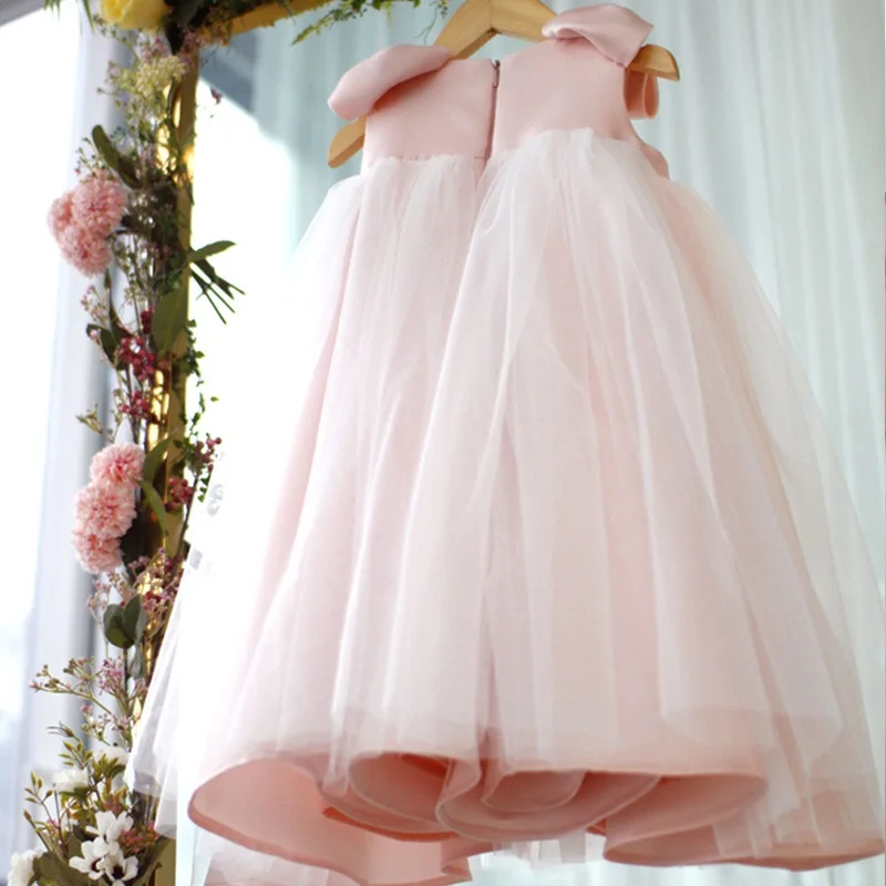 Baby Girl Princess Tulles Dress Sleeveless Infant Toddler Girl Vintage Bow Vestido Pink Party Pageant Birthday Frocks 1-7Y