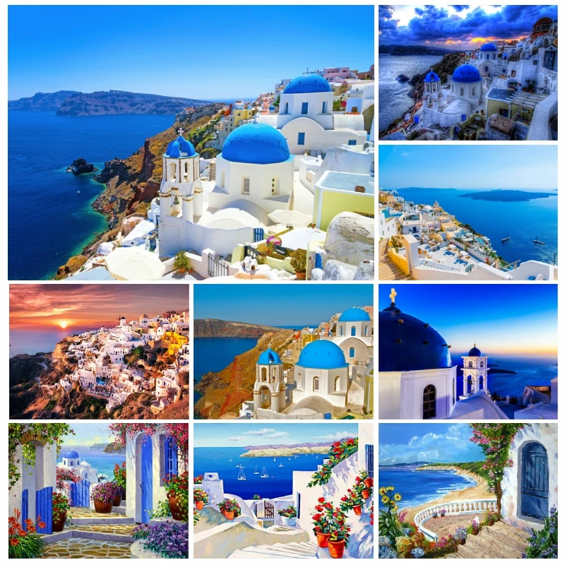 

5d Full Drills Mosaic Greece Santorini Island Seaside Scenery Diamond Painting Cross Stitch Embroidery Artwork Wall Poster Decor