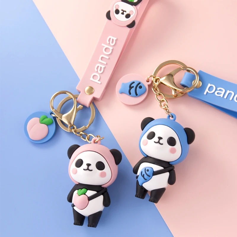 Cartoon Fruit Panda Keychain Blue Yellow Red Pink Soft PVC Doll Lover Car Keyring Cute Female Bag Ornaments Girl Boy Toy Lanyard