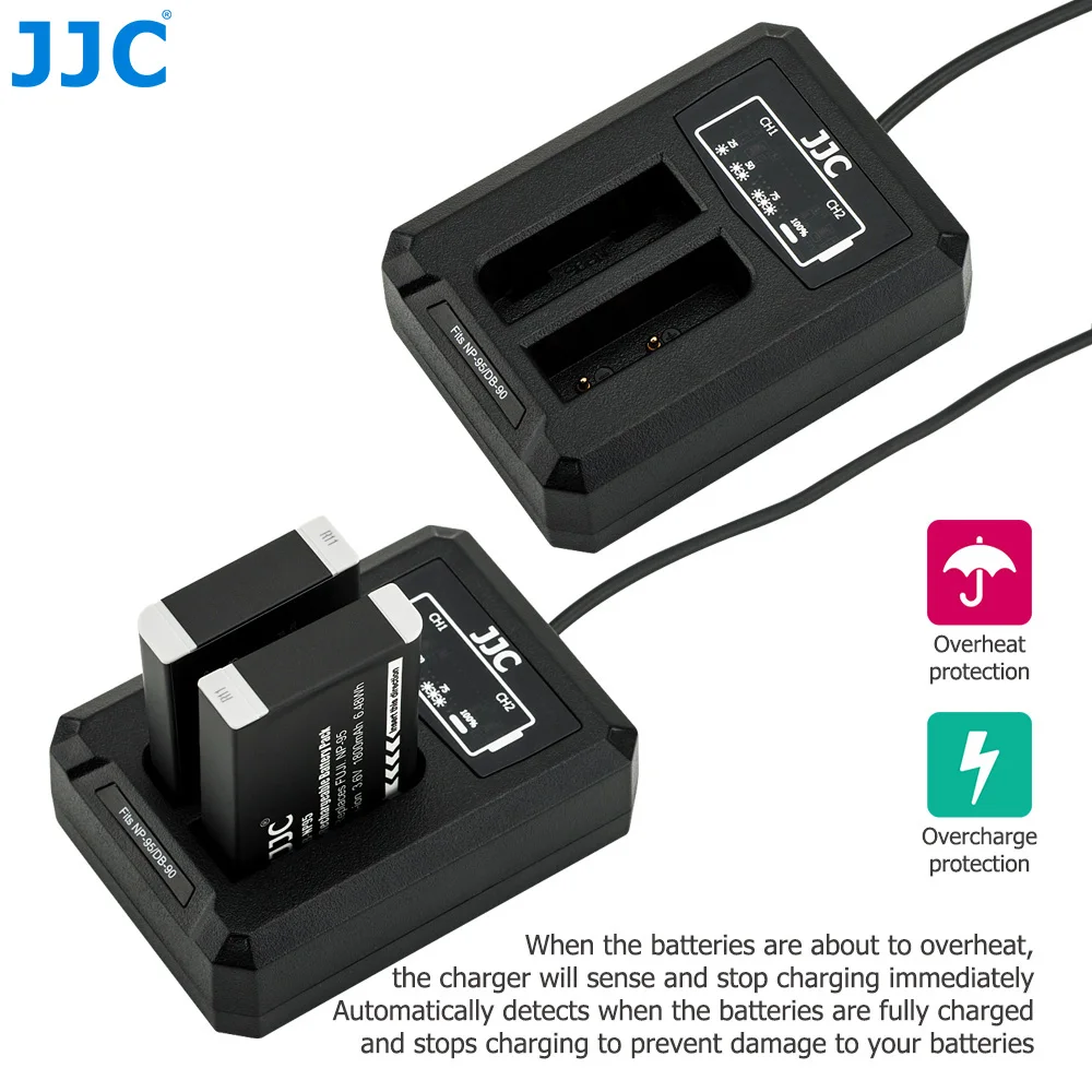 JJC USB Dual Battery Charger for Fujifilm NP-95 NP95 Ricoh DB-90 Batteries on Camera Fuji XF10 X100T X100S X100 Replaces BC-65N