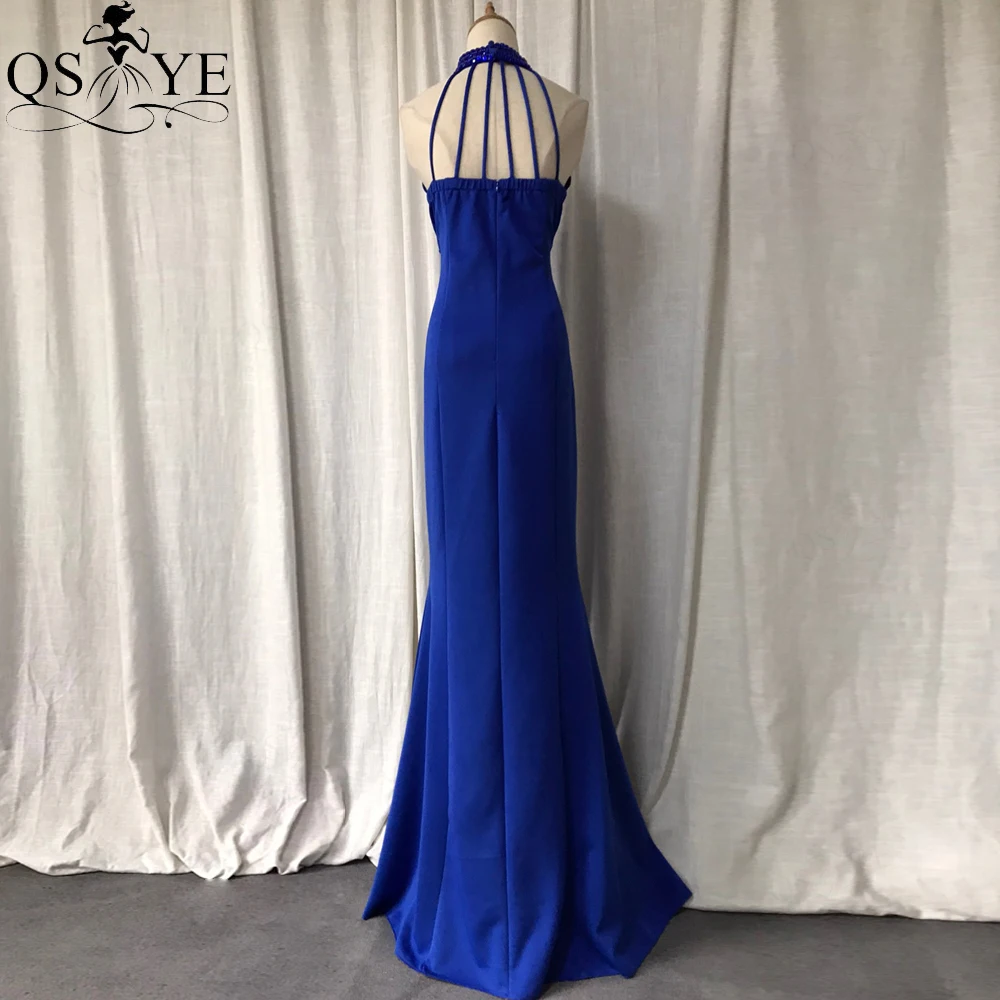 Vestidos de Noche Azul Real con cuello Halter para mujer, vestido de fiesta de sirena con cuello alto y cuentas de cristal, vestido Formal elástico con abertura