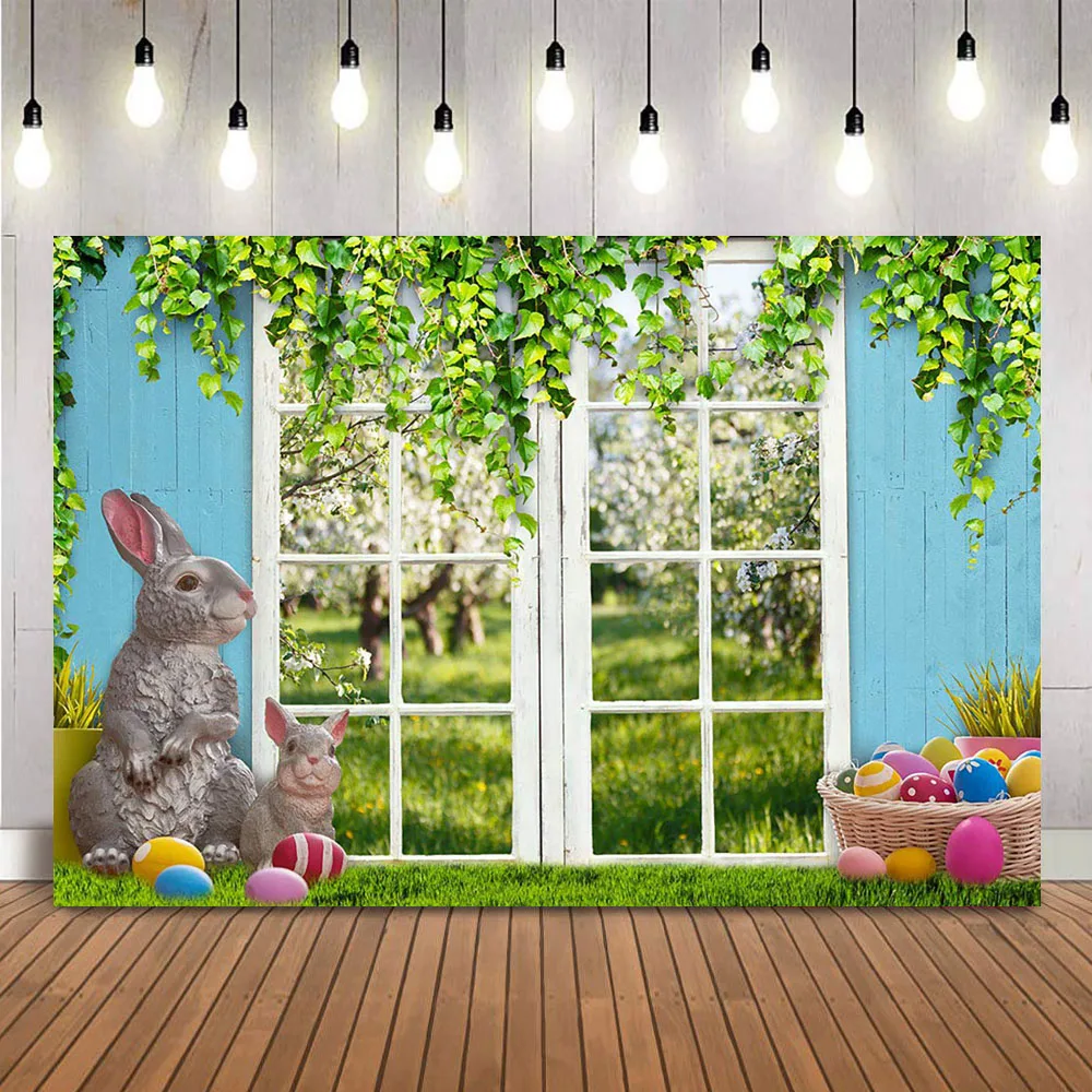 

Spring Rabbit Photography Backdrop Easter Egg Windows Spring Greenery Scenery Photo Background Children Kids Portrait Cake Smash