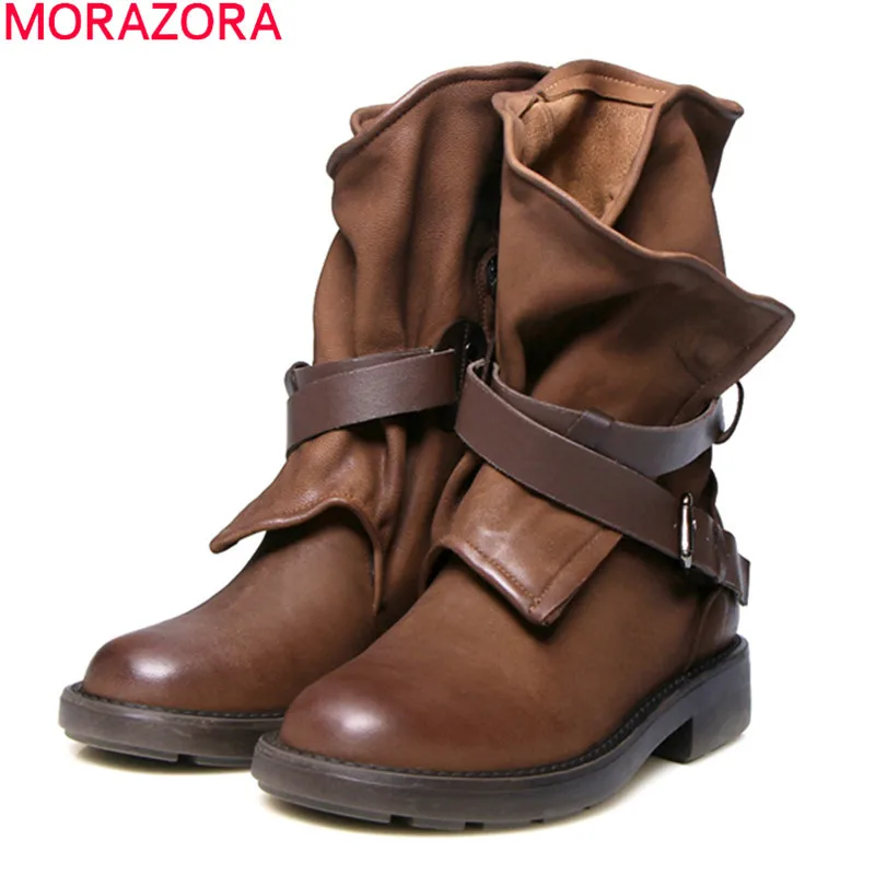 

MORAZORA 2022 Big size 34-42 new arrive genuine leather classic women boots low heel round toe buckle ankle boots black brown