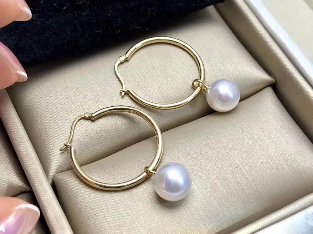 

MADALENA SARARA Pure 18k Gold Earrings Round 7-8MM Pearl Circle Simple Style Women Dangle Earrings