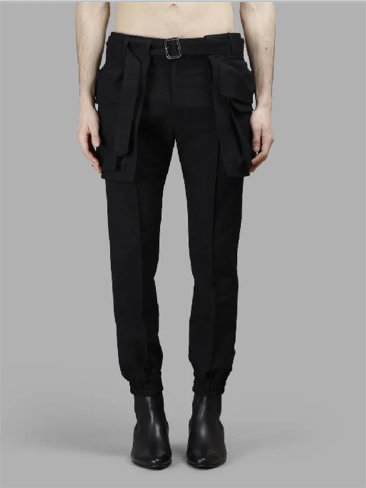 Spring and autumn new men's symmetrical big pocket belt design casual trousers slim elastic legs pencil trousers black trousers