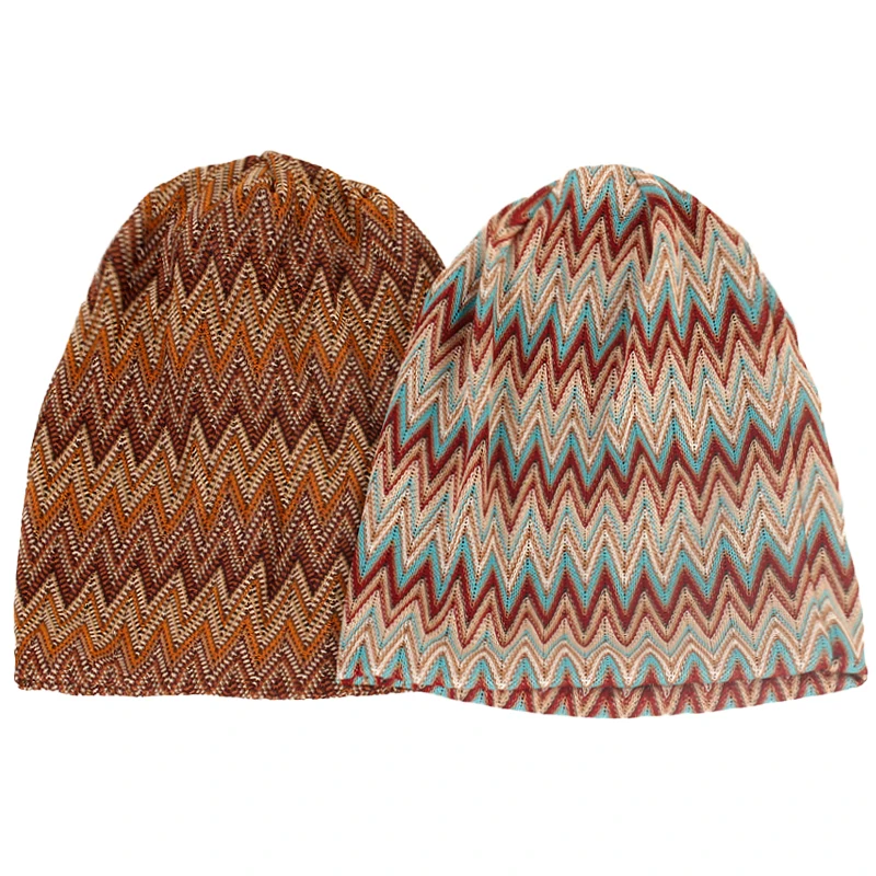 Geebro Women\'s Bohemia Wave Striped Beanie Hat Spring summer Multicolour Slouchy Hat for Ladies Knitted Bone hat Skullies Cap