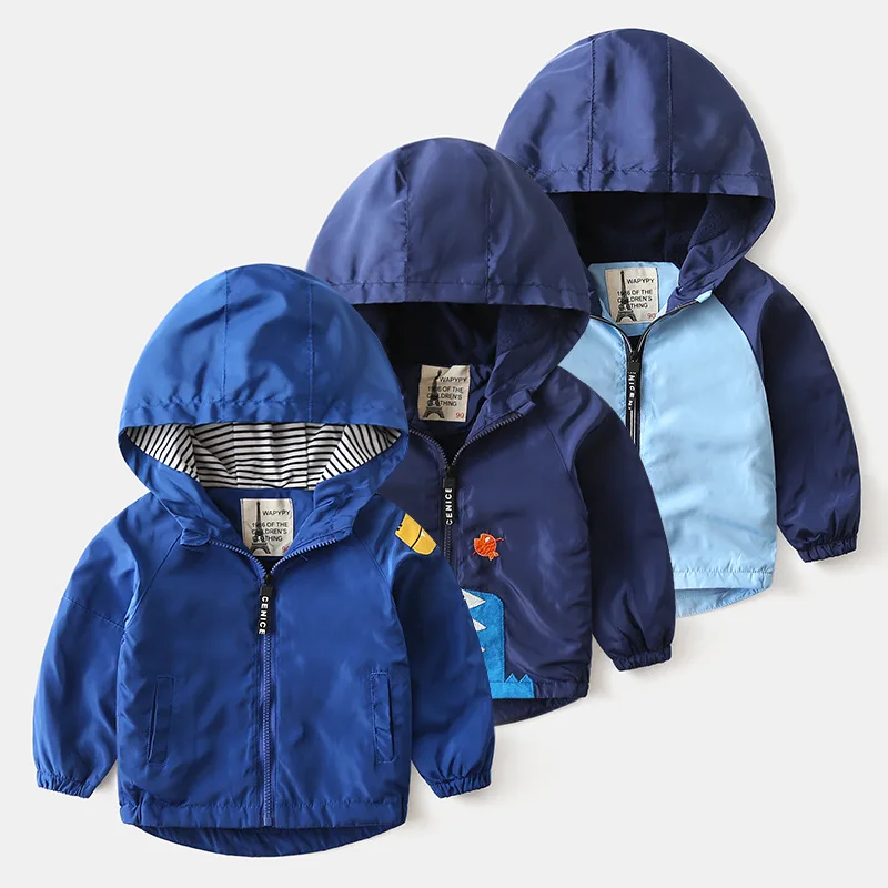 Children Clothing New Autumn Winter Spring 2021 Windbreaker Hooded Cartoon Striped Zipper Top Hardshell Jacket For Boys