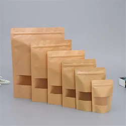 50pcs 9x14 10x15 15x22 18x26cm Kraft Paper Matte Window Zipper Bag Brown Reusable Self-sealing Candy Bread Cookie Gift Bag