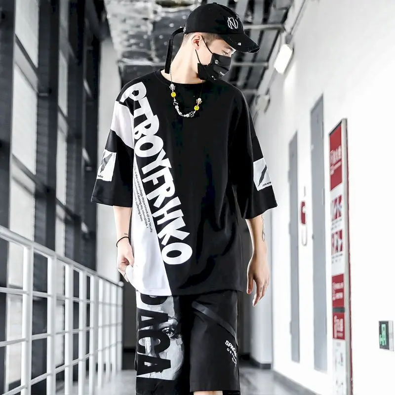 Men\'s Suits Sports Youth Casual Men Clothing Set Loose Oversized T-shirt Sweatpants Brand Korean Trend Hip-hop Two Piece Sets