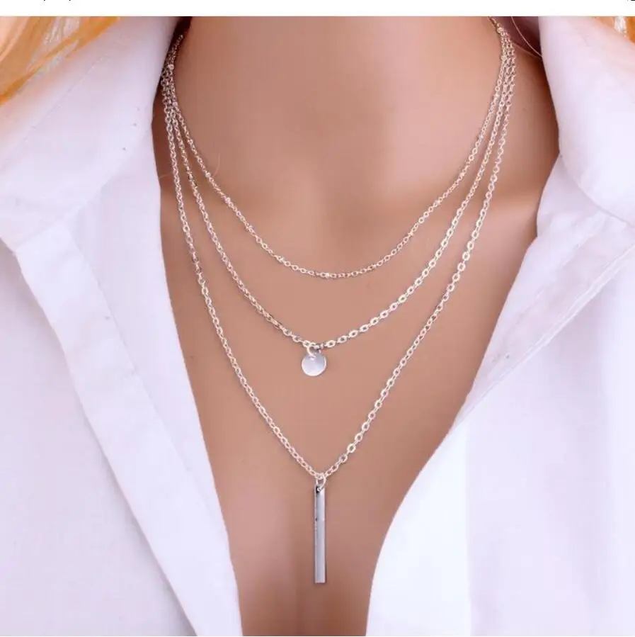 المرأة العصرية 3 في 1 الطبقات المختنق القلائد الفولاذ المقاوم للصدأ عملة شريط عمودي قلادة هدايا حفلة عيد ميلاد مجوهرات S2153 #5