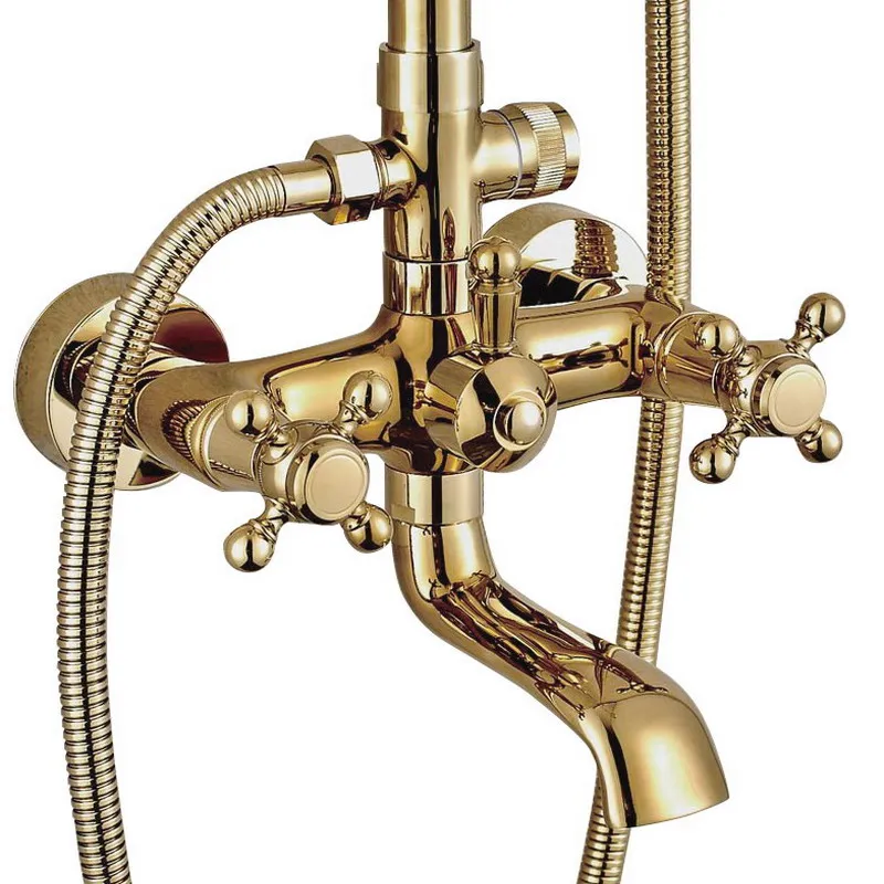 Imagem -03 - Gold Color Brass Two Cross Alças Wall Mounted Banheiro Rain Shower Cabeça Banheira Torneira Conjunto Telefone Forma Mão Spray Mgf382