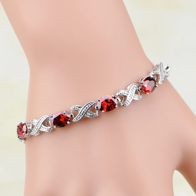 925 Sterling Silver Jewelry Red Zircon White CZ Chain&Link Bracelet Christmas Gifts For Women Free Gifts Box S102