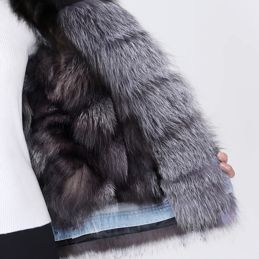 MAOMAOKONG 2020 winter warm detachable fox fur lining denim jacket natural real raccoon fur collar female jacket Women\'s coat