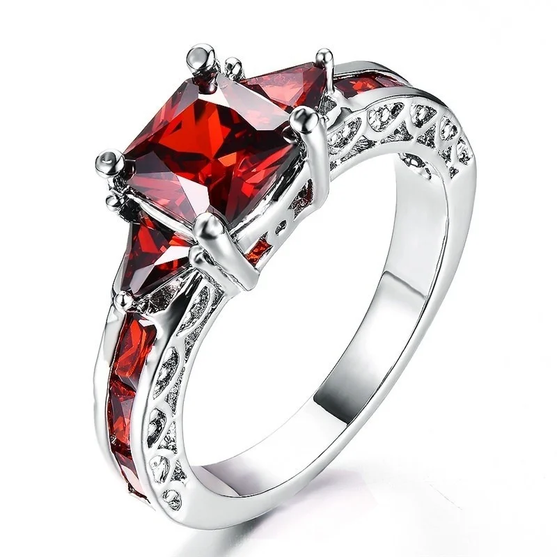 Fashion Women Princess Cut Garnet Red Ruby Wedding Ring Party Jewelry Gifts Size 6 7 8 9 10