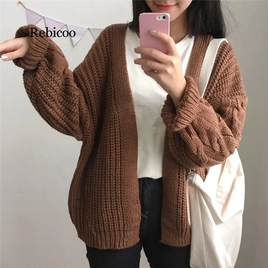 

Rebicoo Autumn Knit Sweater Women Fashion Harajuku Loose Warm Cardigan Women College Casual Long Sleeve Winter Coat