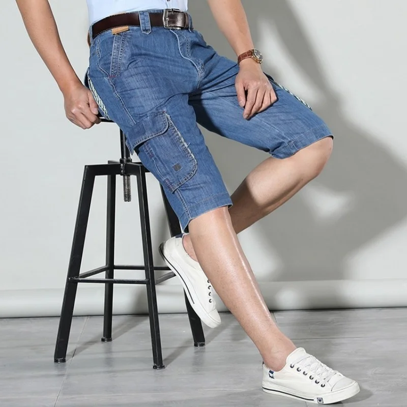 

Summer Fashion New Brand Mens Short Jeans Cotton Calf-Length Denim Pants Pocket Loose Baggy Wide Leg Straight Cargo Pants