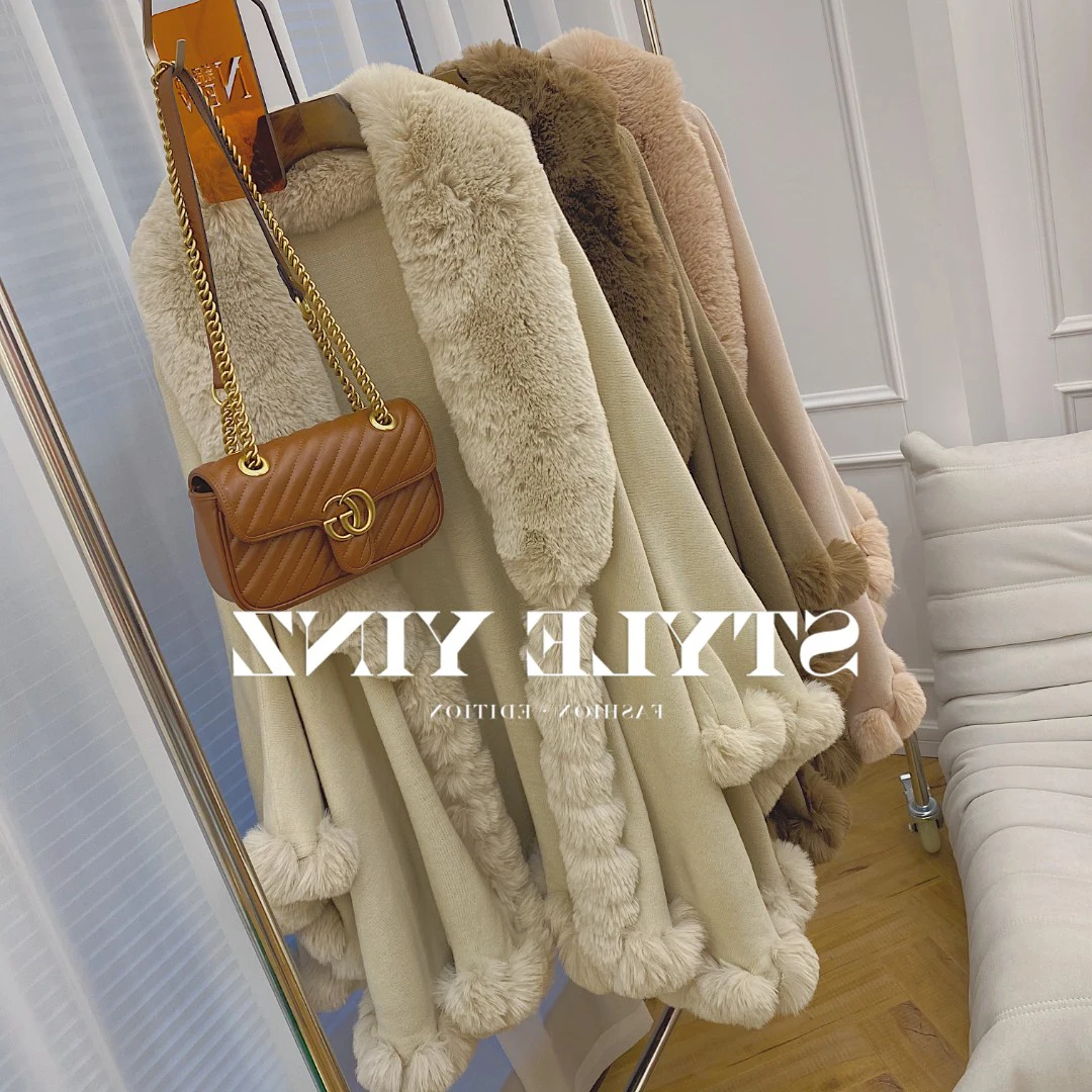 

Fast Delivery Big Fur Collar Elegant Poncho Cape European Autumn Winter Knitted Faux Rabbit Fur Large Size Women's Coat