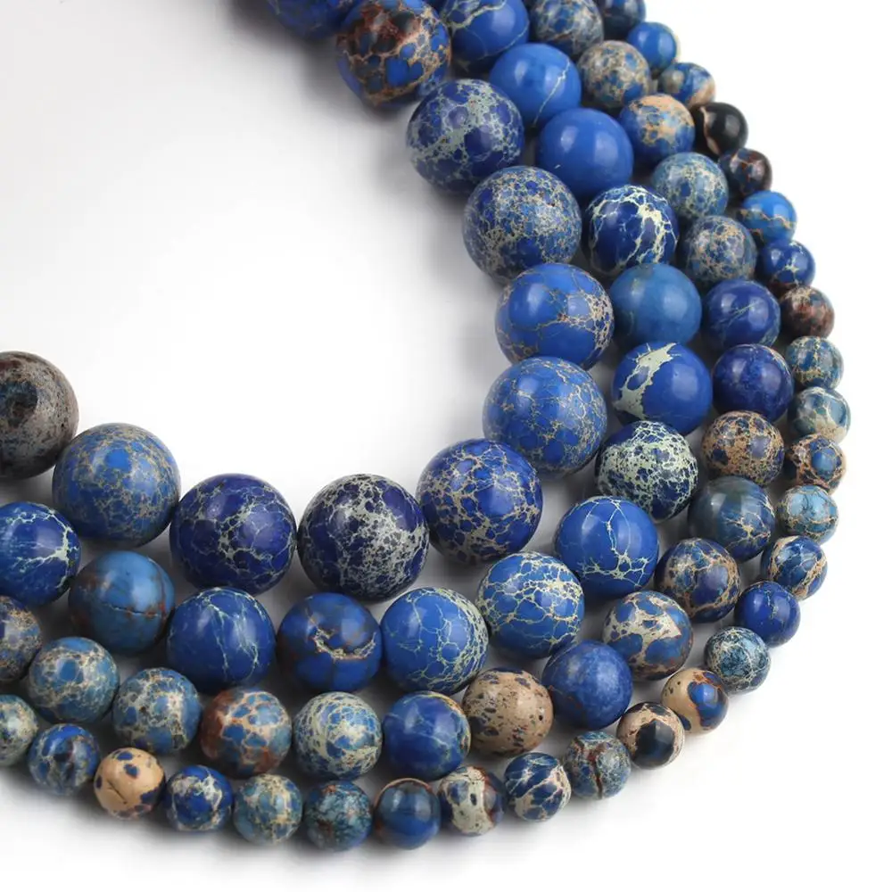 Natural Stone Beads Blue Sea Sediment Jaspers Round Loose Beads For Jewelry Making 15.5\