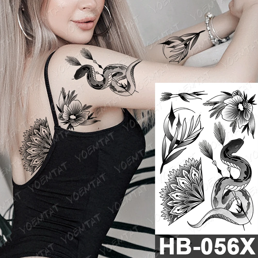 Waterproof Temporary Tattoo Sticker Dark Snake Peony Flower Koi Old School Flash Tatto Women Men Body Art Arm Thigh Fake Tattoos