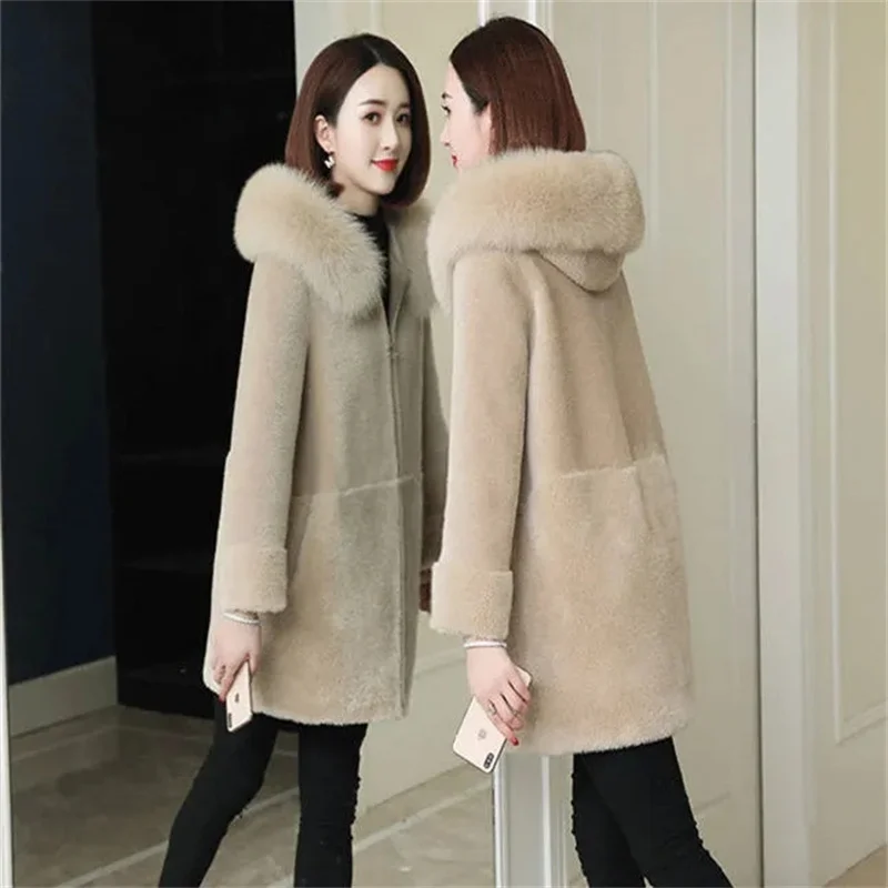 Women Faux Fur lamb Plush Coat 2023 Thicken Autumn Winter Sheep Shearing Overcoat Women Coat Jacket Femme Hooded Warm Jacket C