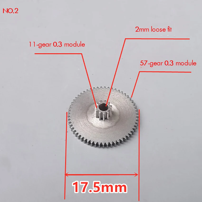 57 Teeth Precision Metal Motor Gear Wheel 0.3 Modulus with Small 10 /11 Teeth 2mm Hole Diameter Speed Reduction Gearbox