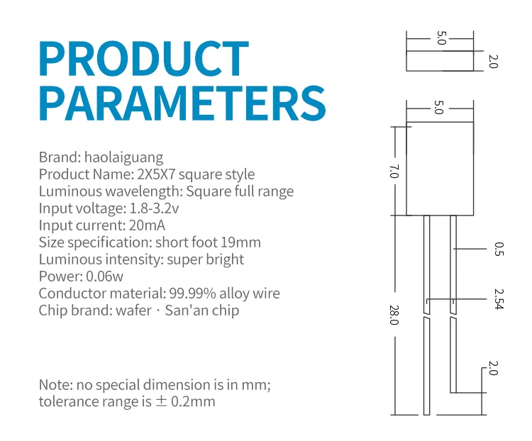 100pcs/lot 2x5x7 Square LED Emitting Diode Lamp White Red Green Blue Yellow Orange  DIY Indicator