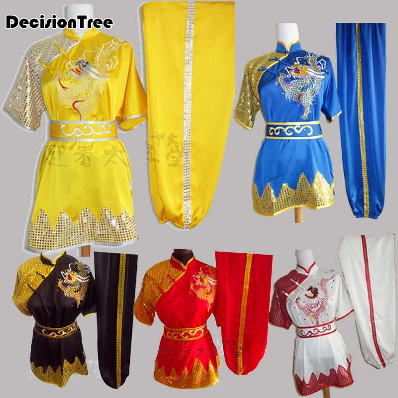 2021 men chinese shaolin wushu clothing kung fu uniform tang suit wing chun martial arts suit paillette embroidery dragon demo