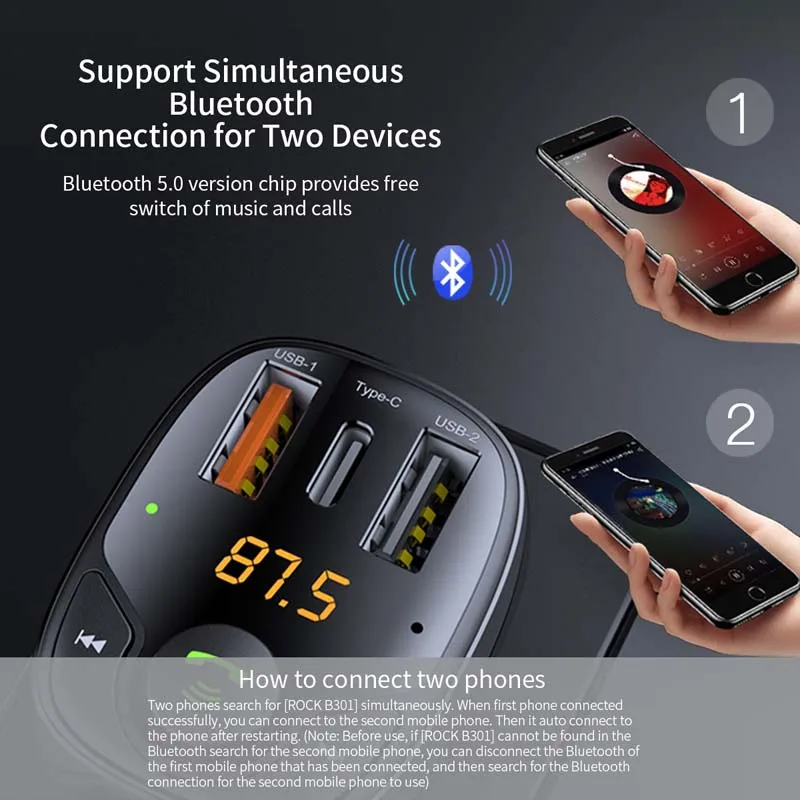 ROCK 36W Car Charger Bluetooth FM Transmitter Handsfree Receiver Audio Music MP3 Player SCP карты PD Car Charger зарядка