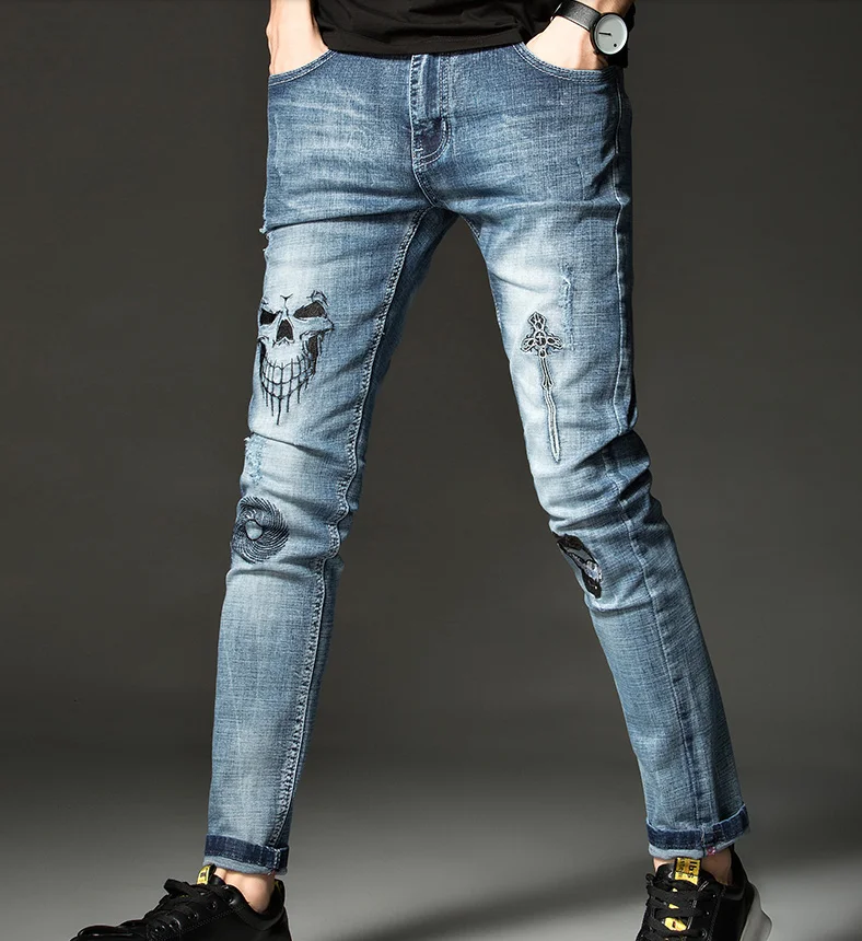 

Skull Mens hop-hip Embroidery Soft Stretch Cotton Denim Slim Light Blue Jeans Vintage Casual Streetwear Pants