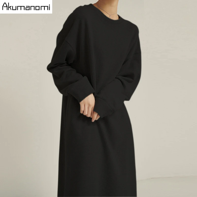 Loose Black Gray Autumn Spring Dress Cotton Plus Size 7xl 6xl 5xl 43xxl Long Sleeve Casual Maxi Dresses For Women With Pockets