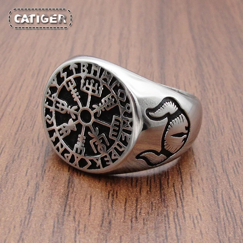 Punk 316L Stainless Steel Nordic Viking Ring Custom Rune beads Signet Caw Scandinavn Odin Symbol Men Jewelry