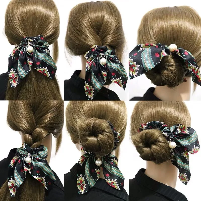 Fashion Bowknot Ponytail Holder Elastic Hair Bands for Girls Flower Printing Hair Accessories Women Hairband Ribbon Headwear