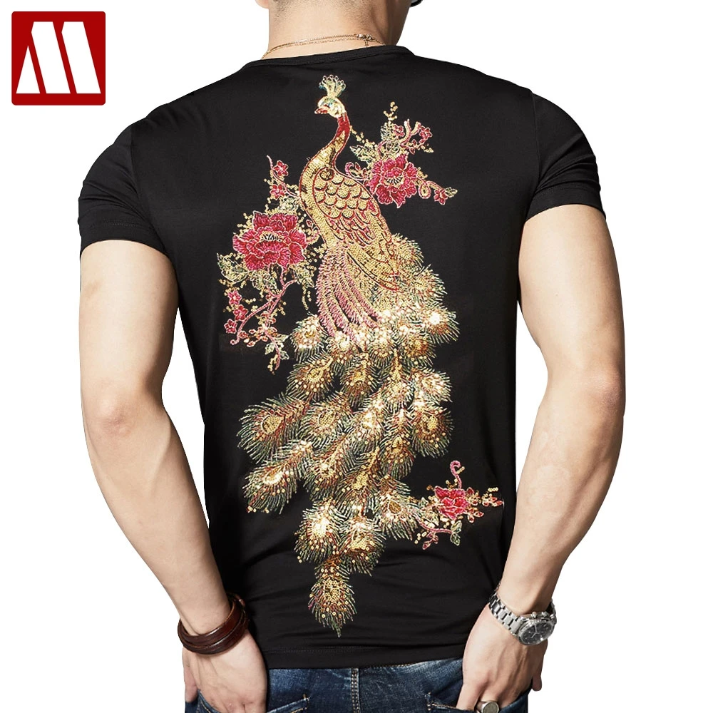 2024 Summer Men Phoenix Embroidery Peacock Pattern T shirts Man's Large Size Mesh Flower Sequins Short Sleeve T-shirt