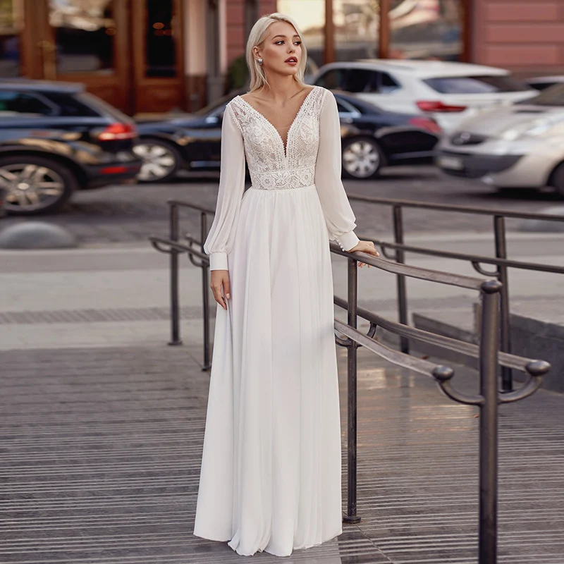 Customized Weilinsha Chiffon Long Sleeves V-Neck Wedding Dress Classic A-Line Appliques Lace Brdail With Court Train Vestido De