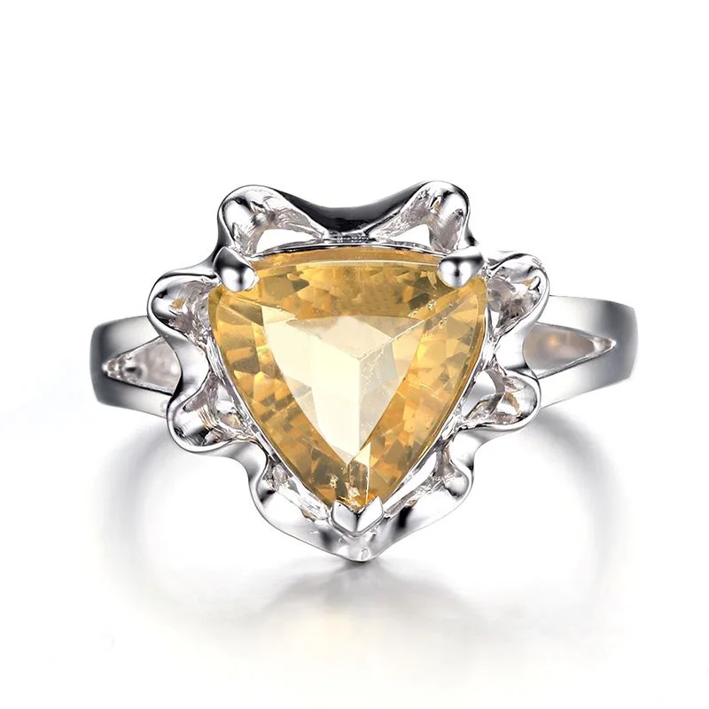 HELON Sterling Silver 925 Trillion cut 10mm Genuine Citrine Engagement Wedding Ring Women Vintage Trendy Jewelry Citrine Ring