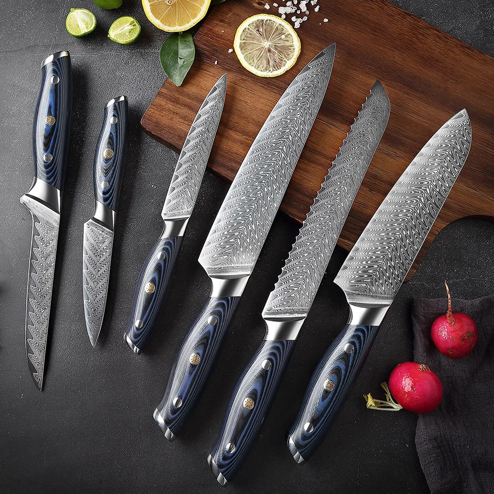 XITUO 1-6PCS Knives Set Damascus Chef Knife Sharp Japanese Sankotu Cleaver Boning Gyuto Kitchen Knife G10 Handle Cooking Tool