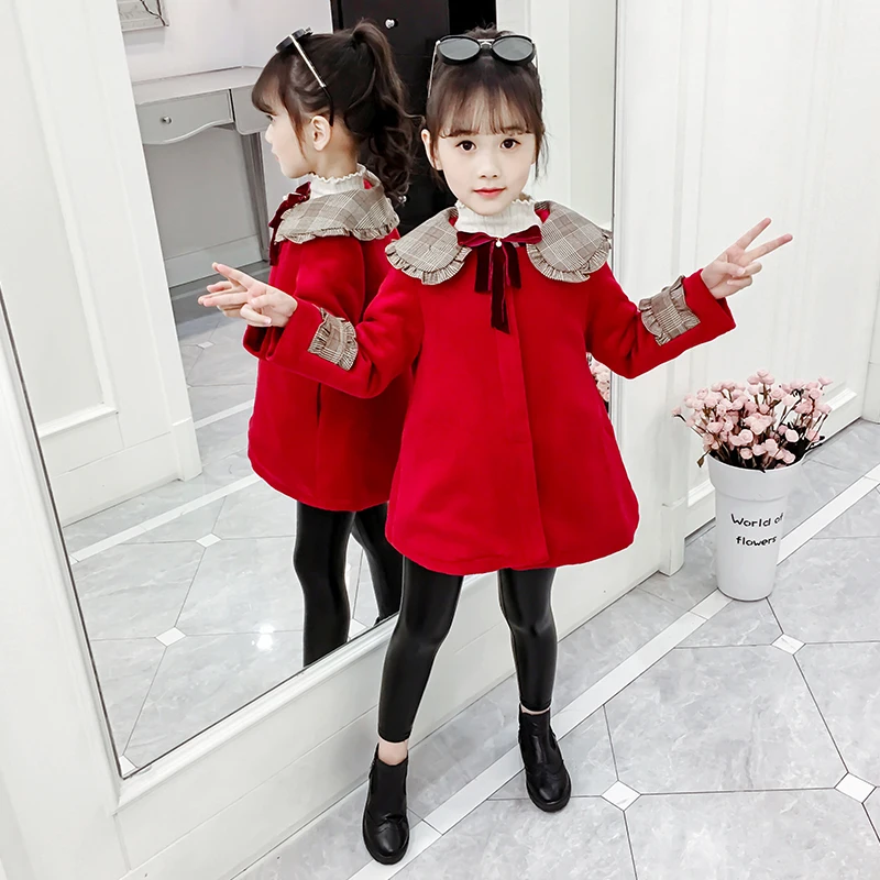 

Girls Woolen Jacket Spring Fall Children Long Thickened Trench Coat Outerwear Kids Trendy Ruffles Spliced Woollen Overcoat B365