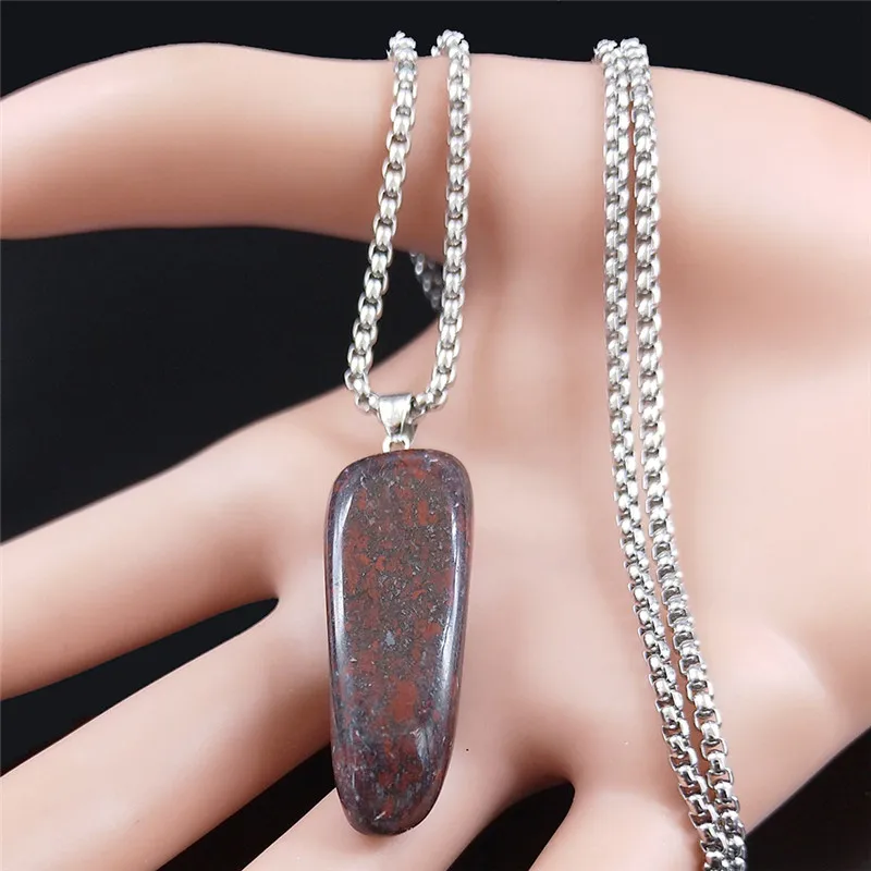 Irregular Bloodstone Pendant Necklace Stainless Steel Chain Gem Stone Healing Energy Necklace Jewelry Reiki Healing Gift NDD19-2