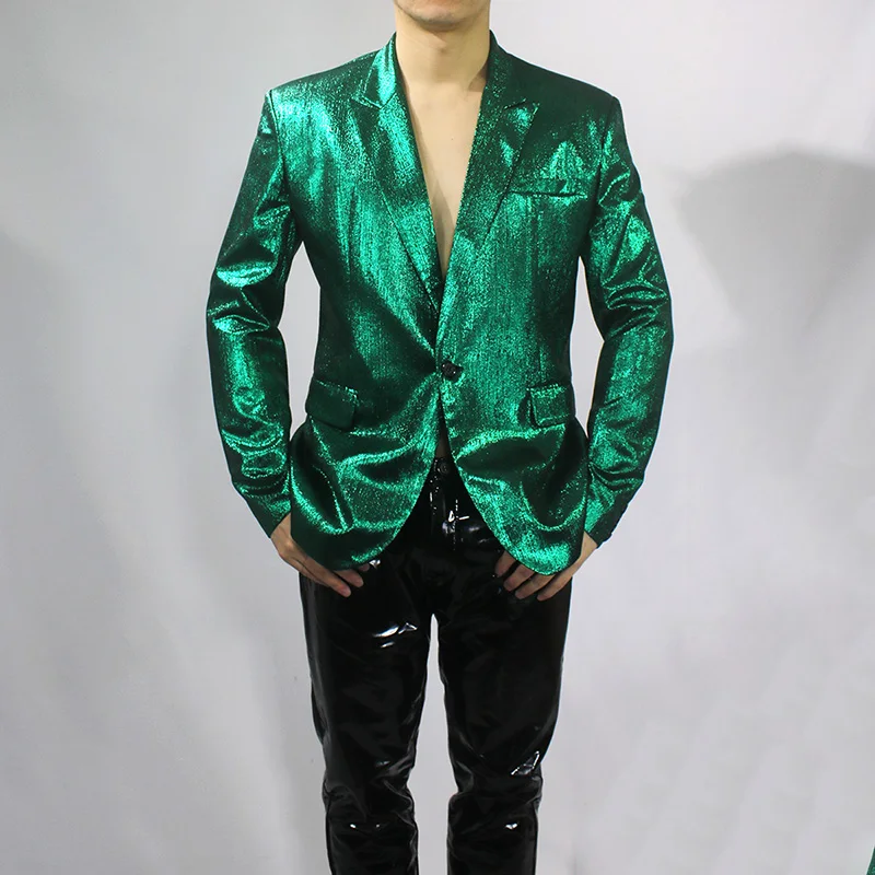 Bar Nightclub Shinny Silver Blue Green Blazer For Male Singer Host Stage Performance Costume Thin Style Slim One Button Coat