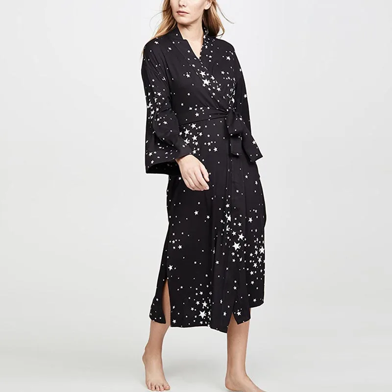 

TEELYNN Black Star Print Rayon Kimono Robe Women Long Blouse Boho Beach Summer Loose Bikini Cover Up Sexy Side split Cardigan