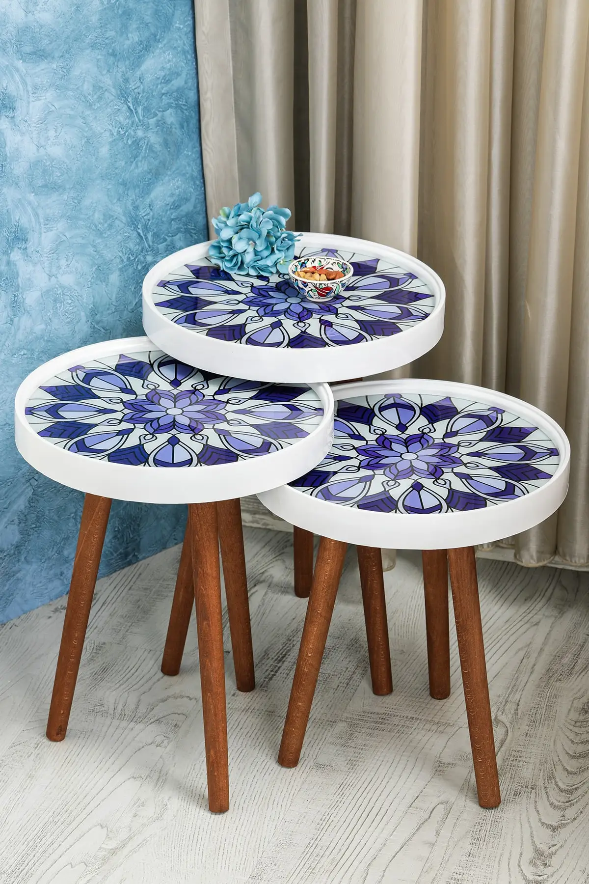 Table basse Zigon, 3 pièces, verre rétro, impression spéciale