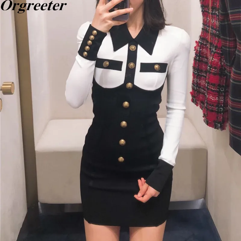 Mini Short Dress 2020 Women Fashion New Fall Spring Lapel Black and white stitching Single-breasted Long Sleeve Bodycon Dress